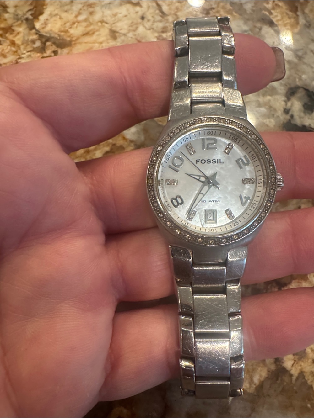 Fossil Silver Mother-of-Pearl Dial Crystal Accent Watch